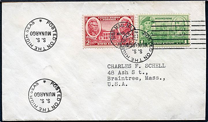 1 cent og 2 cents på filatelistisk skibsbrev annulleret Ship Mail Nassua d. 1.3.1937 og sidestemplet; Posted on the high seas S.S. Munargo til Braintree, USA.