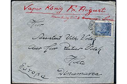12 c. på brev fra Buenos Aires d. 25.2.1914 påskrevet Vapor König Fr. August Hamburg Süd Amerika Linie til Holte, Danmark. Ank.stemplet d. 20.3.1914.