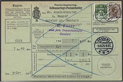 10 øre Bølgelinie og 20 øre Chr. X på retur Indkaserings-Postanvisning sendt lokalt i Randers d. 9.10.1925.