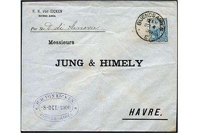 12 c. på brev påskrevet Per Str. D. di Genova fra Burnos Aires d. 8.10.1900 til Havre, Frankrig.