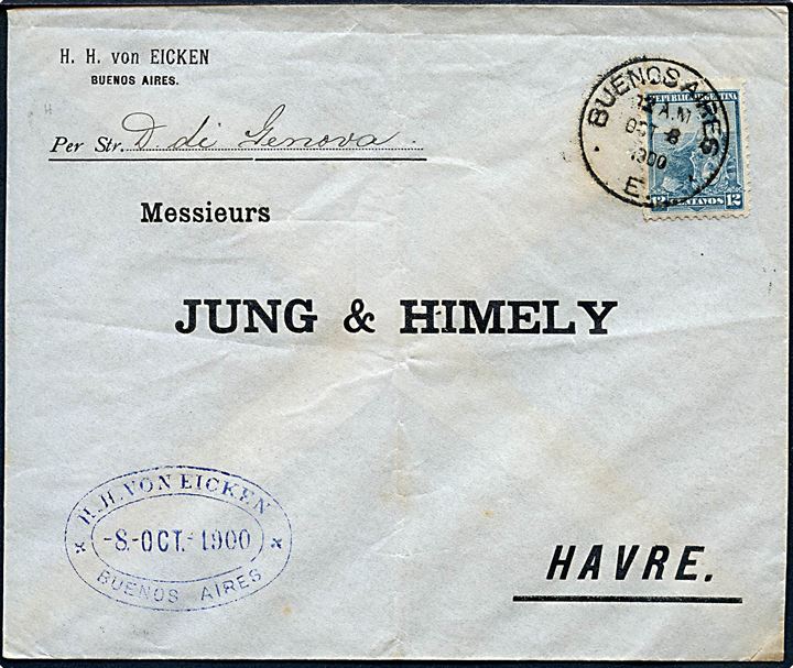 12 c. på brev påskrevet Per Str. D. di Genova fra Burnos Aires d. 8.10.1900 til Havre, Frankrig.