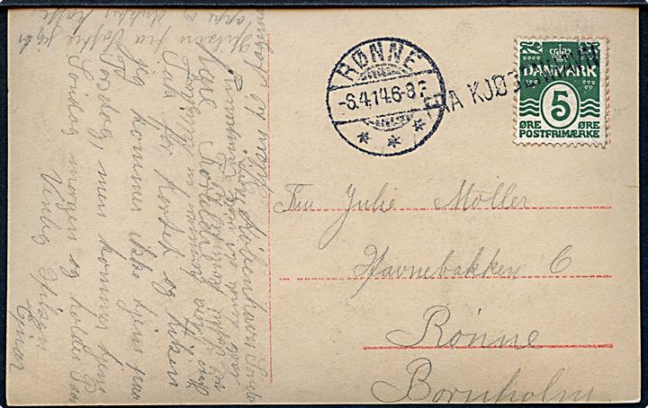 5 øre Bølgelinie på brevkort (Gl. Stubmølle ved Svaneke) fra København annulleret med skibsstempel Fra Kjøbenhavn og sidestemplet Rønne d. 6.4.1914 til Rønne.