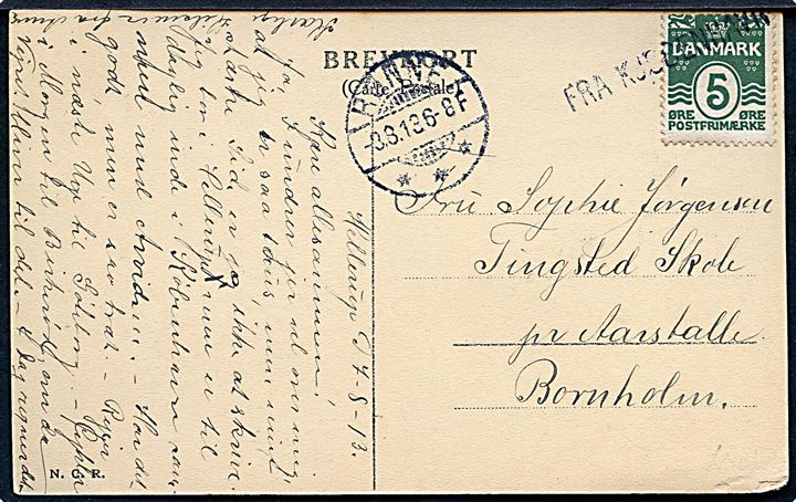 5 øre Bølgelinie på brevkort fra Hellerup annulleret med skibsstempel Fra Kjøbenhavn og sidestemplet Rønne d. 3.8.1913 til Tingsted pr. Aarsballe, Bornholm.