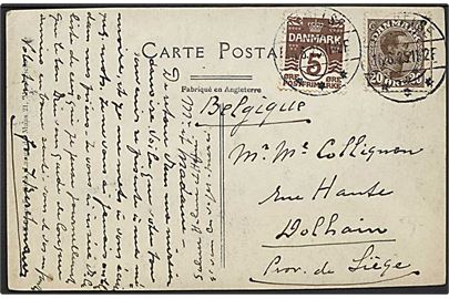 5 øre Bølgelinie og 20 øre Chr. X på brevkort fra Slagelse d. 16.6.1925 til Dolhain, Belgien.