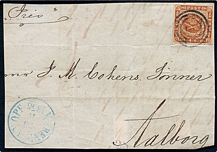 4 sk. 1854 udg. på BREVFORSIDE af brev påskrevet Iris annulleret med nr.stempel 1 og sidestemplet med blåt antiqua Kiøbenhavn O.P.E. d. 20.10.1856 til Aalborg.