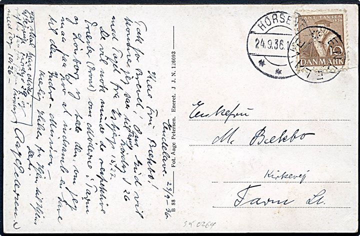 10 øre Tavsen på brevkort (Endelave kirke) annulleret med udslebet stjernestempel ENDELAVE og sidestemplet Horsens d. 24.9.1936 til Tarm. 