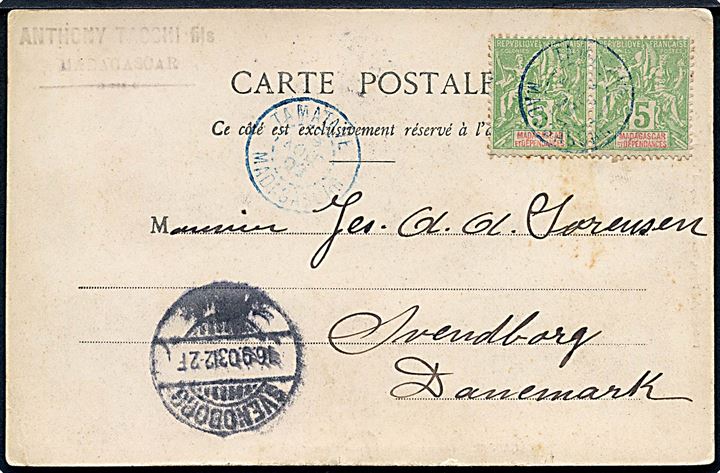 5 c. i parstykke på brevkort stemplet Tamatave d. 20.11.1903 til Svendborg, Danmark.