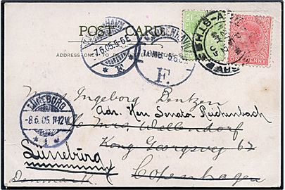 ½d og 1d på brevkort (On the interstate line, Mt. Lofty, South Australia) fra Adelaide d. 2.5.1905 til København, Danmark - eftersendt til Lüneburg, Tyskland.