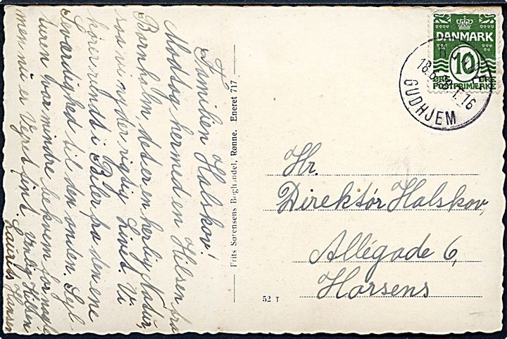 10 øre Bølgelinie på brevkort annulleret med bureaustempel Rønne - Gudhjem T.16 d. 18.6.1928 til Horsens.