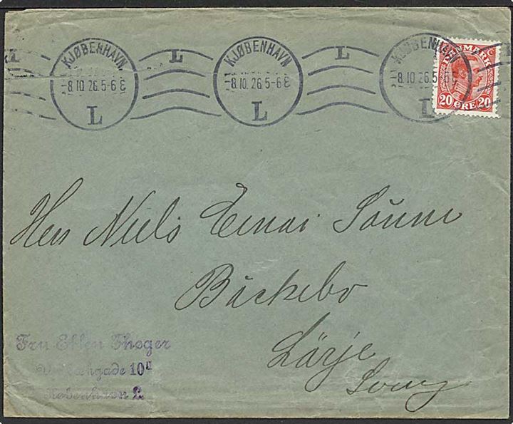 20 øre Chr. X single på brev fra København d. 8.10.1926 til Lärje, Sverige.