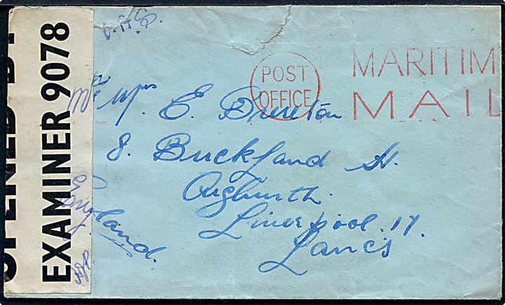 Ufrankeret O.A.S. feltpostbrev fra S/S Scythia co. GPO London til Liverpool. Rødt stempel Post Office Maritime Mail og åbnet af britisk censur PC90/9078. RMS Scythia fra Cunard Line blev under 2. verdenskrig benyttet som troppetransportskib. Urent åbnet.