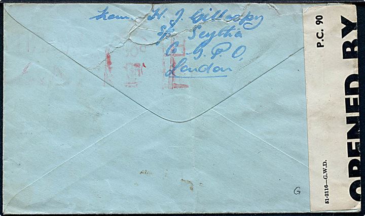 Ufrankeret O.A.S. feltpostbrev fra S/S Scythia co. GPO London til Liverpool. Rødt stempel Post Office Maritime Mail og åbnet af britisk censur PC90/9078. RMS Scythia fra Cunard Line blev under 2. verdenskrig benyttet som troppetransportskib. Urent åbnet.