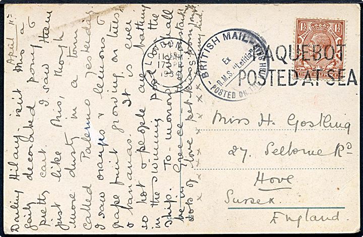 1½d George V på brevkort fra Sicilien annulleret med skibsstempel London F.S. / Paquebot posted at sea d. 17.4.1934 og sidestemplet British Mail ex R.M.S. Letitia Posted at the high seas til Hove, England. 