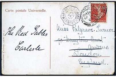 10 c. på brevkort (Sphynx, Egypt) annulleret med fransk skibsstempel Marseille a Yokohama L.N.No. 8 d. 30.9.1907 til London - eftersendt. Stempel benyttet ombord på skibet S/S Ernest Simons.