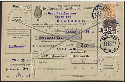 5 øre Bølgelinie og 30 øre Chr. X på retur Indkasserings-Postanvisning fra København B. d. 7.4.1925 til Skjelskør.