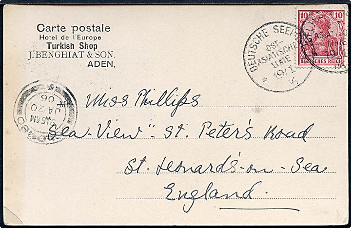 10 pfg. Germania på brevkort (No 8 tank, Aden) annulleret med tysk skibsstempel Deutsche Seepost Ostasiatische Linie C d. 19.1.1906 og sidestemplet Colombo d. 20.1.1906 til England.