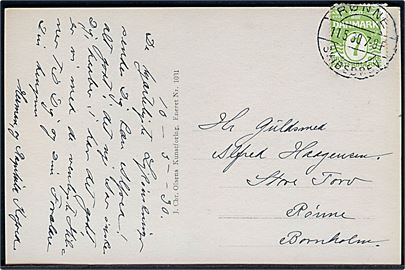 7 øre Bølgelinie på brevkort annulleret brotype IIb Rønne Skibsbrev d. 11.5.1930 til Rønne.