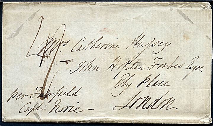 1834. Skibsbrev påskrevet per Fairfield Capt. Norie til London. På bagsiden rammestempel HASTINGS SHIPLETTER og svagt ank.stempel d. 8.?.1834. 