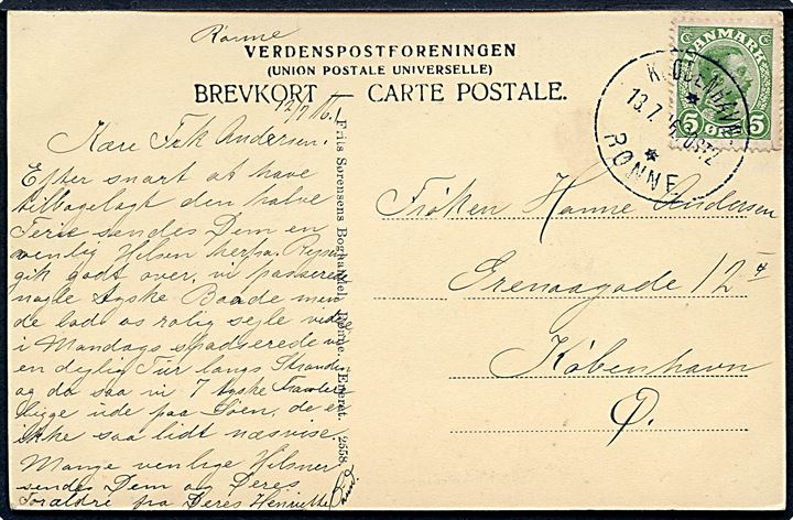 5 øre Chr. X på brevkort fra Rønne annulleret med sejlende bureaustempel Kjøbenhavn - ** Rønne POST2 d. 13.7.1916 til København.