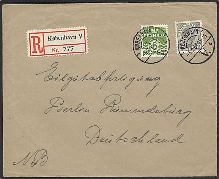 50 øre Chr. X og 5 øre Bølgelinie på anbefalet brev fra København V. d. 5.2.1934 til Berlin, Tyskland.