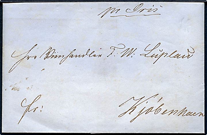1850. Francobrev påskrevet pr. Iris med indhold dateret i Aarhus d. 7.7.1850 til Kjøbenhavn. På bagsiden noteret modtaget d. 9.7.1850.