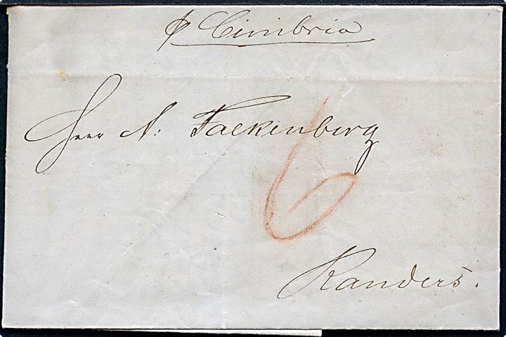 1852. Portobrev med indhold dateret Kjøbenhavn d. 13.9.1852 og p. Cimbira til Randers. Påskrevet 6 sk. porto.