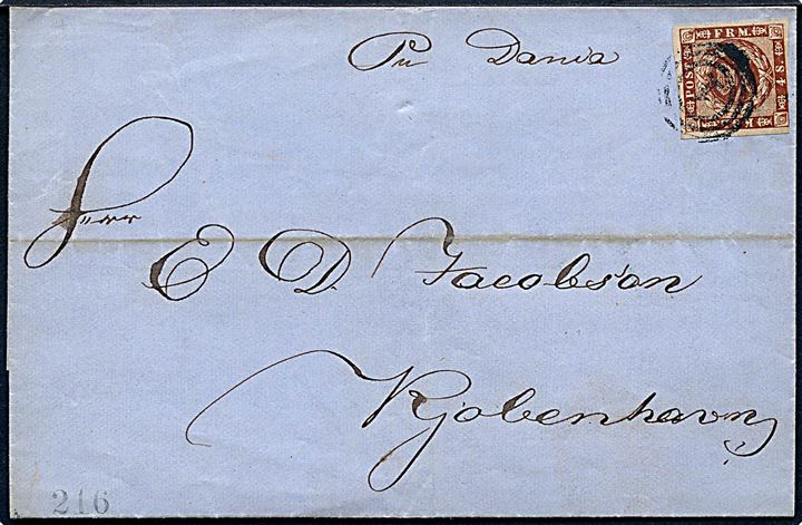 4 sk. 1858 udg. på dampskibsbrev fra Aalborg påskrevet pr. Dania og annulleret med nr.stempel 1 til Kjøbenhavn. På bagsiden ank.stemplet antiqua Kiøbenhavn KB d. 26.7. ca. 1860.