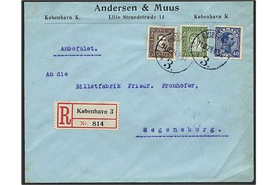 40 øre Chr. X, 15 øre Chr. IV og 20 øre Chr. X Postjubilæum på 70 øre frankeret anbefalet brev fra Kjøbenhavn d. 11.12.1924 til Regensburg, Tyskland.