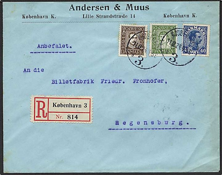 40 øre Chr. X, 15 øre Chr. IV og 20 øre Chr. X Postjubilæum på 70 øre frankeret anbefalet brev fra Kjøbenhavn d. 11.12.1924 til Regensburg, Tyskland.