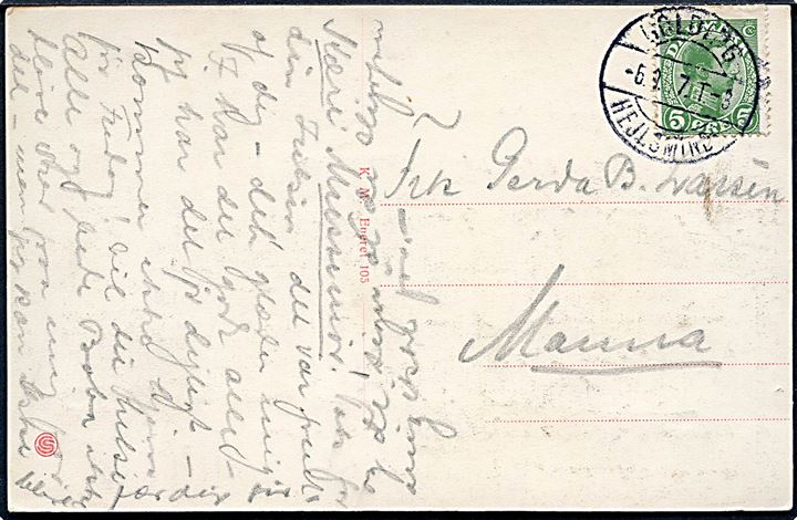 5 øre Chr. X på brevkort annulleret med bureaustempel Kolding - Hejlsminde T.3 d. 6.9.1917 til Manna.