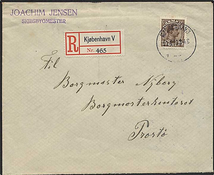 25 øre Chr. X single på anbefalet brev fra Kjøbenhavn V. d. 19.4.1919 til Præstø.