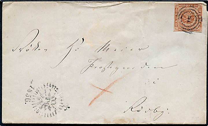 4 sk. 1854 udg. på brev annulleret med nr.stempel 1 og sidestemplet med uldent kompasstempel Kiøbenhavn 1856 til Rødby.