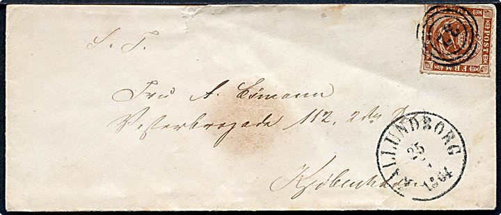 4 sk. stukken kant på brev annulleret med nr.stempel 32 og sidestemplet antiqua Kallundborg d. 25.7.1864 til Kjøbenhavn.