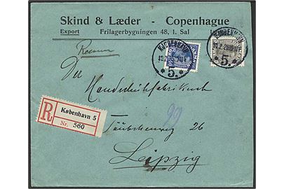 40 øre og 50 øre Chr. X på anbefalet brev fra Kjøbenhavn 5 d. 10.2.1925 til Leipzig, Tyskland.