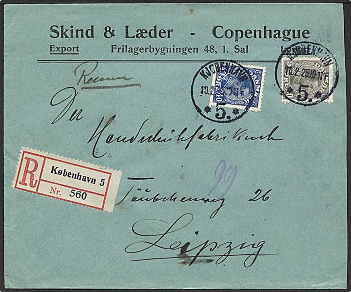 40 øre og 50 øre Chr. X på anbefalet brev fra Kjøbenhavn 5 d. 10.2.1925 til Leipzig, Tyskland.