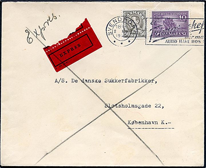10 øre Vitus Bering og 50 øre Chr. X på ekspresbrev fra Svendborg d. 2.5.1942 til København.