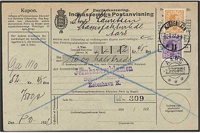 15 øre og 30 øre Chr. X på retur Indkasserings-Postanvisning fra Kjøbenhavn 11 d. 1.3.1922 til Aars. 