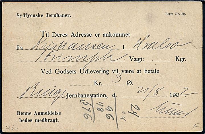 3 øre Tofarvet 21. tryk på lokalt adviskort fra Sydfynske Jernbaner stemplet Ringe d. 22.8.1902.