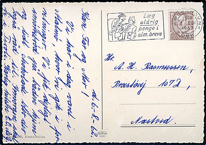 20 øre Fr. IX helsagsafklip på brevkort fra København d. 7.8.1962 til Næstved.