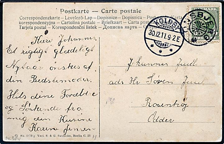 5 øre Fr. VIII på brevkort (Internationale Ballon-Wettfahrten - okt. 1908) annulleret med stjernestempel ONSBJERG og sidestemplet Koldby d. 30.12.1911 til Odder.