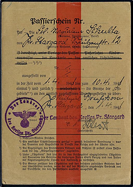 Passierschein fra Pr. Stargard d. 1.4.1941 med div. stempler.