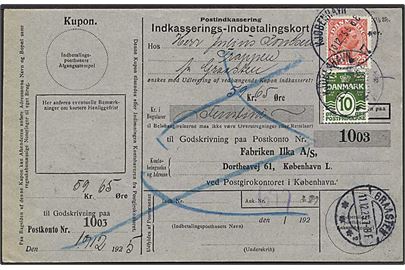 10 øre Bølgelinie og 25 øre Chr. X på retur Indkasserings-Indbetalingskort fra Kjøbenhavn d. 10.12.1925 til Graasten.
