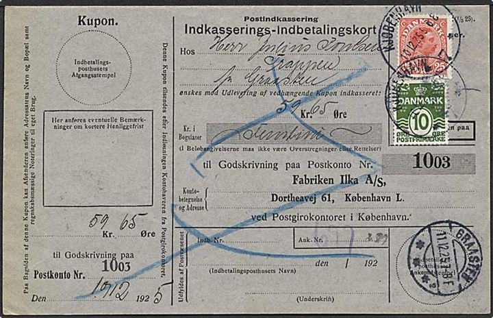 10 øre Bølgelinie og 25 øre Chr. X på retur Indkasserings-Indbetalingskort fra Kjøbenhavn d. 10.12.1925 til Graasten.