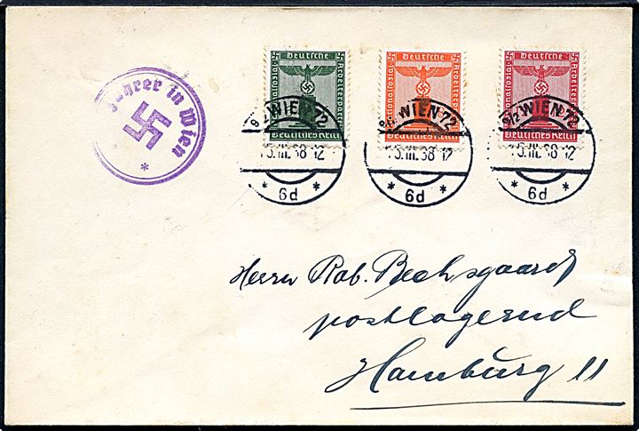 6 pfg., 8 pfg. og 12 pfg. DNSAP udg. på filatelistisk brev stemplet Wien d. 15.3.1938 og sidestemplet Der Führer in Wien til Hamburg.