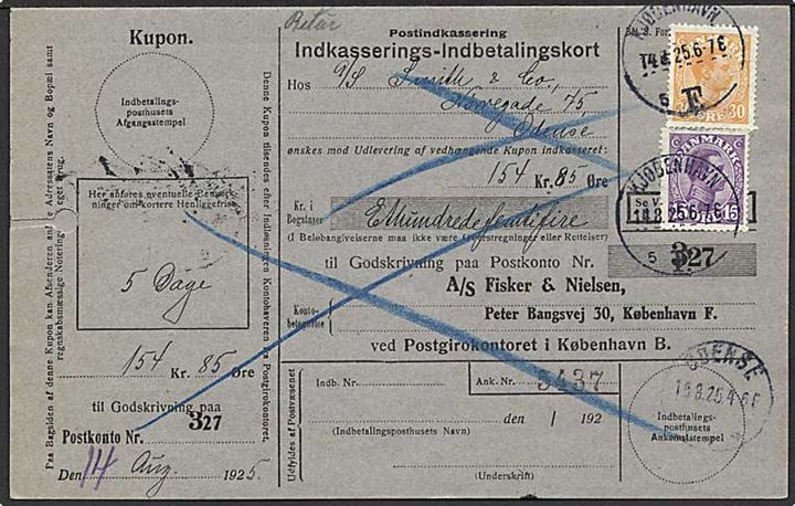 15 øre og 30 øre Chr. X på retur Indkasserings-Indbetalingskort fra Kjøbenhavn F. d. 14.8.1925 til Odense.