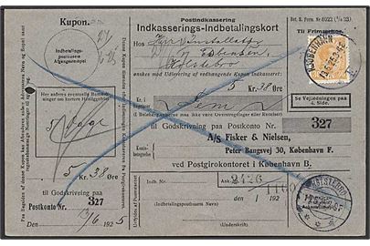 30 øre Chr. X single på retur Indkasserings-Indbetalingskort fra Kjøbenhavn F. d. 13.6.1925 til Holstebro.