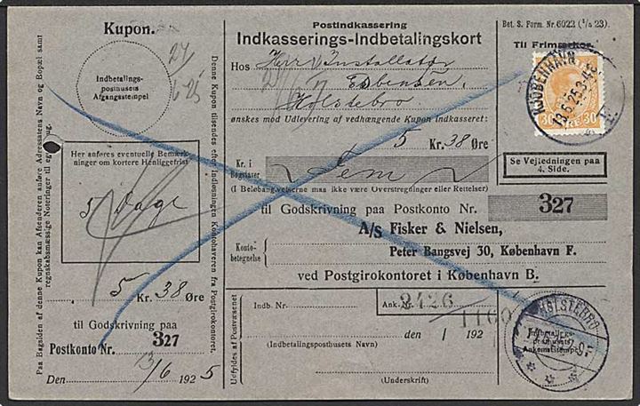 30 øre Chr. X single på retur Indkasserings-Indbetalingskort fra Kjøbenhavn F. d. 13.6.1925 til Holstebro.