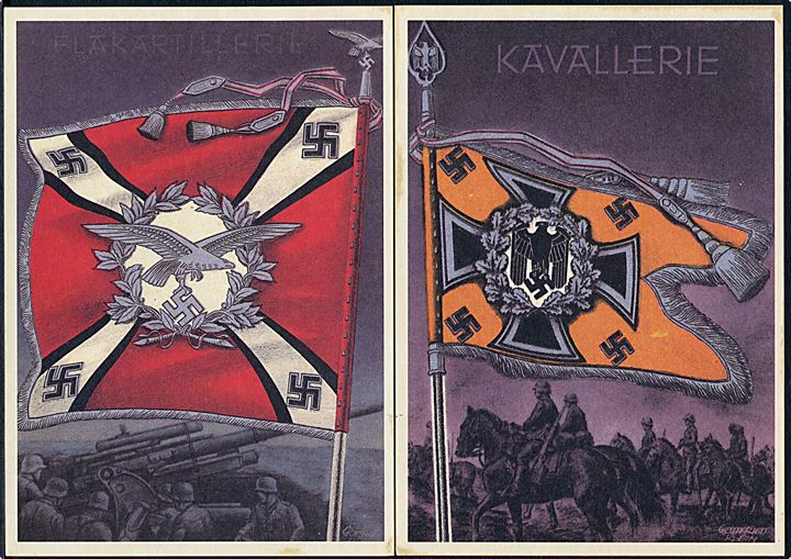 Tyskland. Regiments faner fra forskellige våbenarter. 8 forskellige kort. Nytryk.