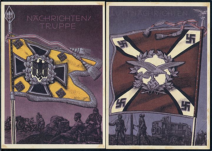 Tyskland. Regiments faner fra forskellige våbenarter. 8 forskellige kort. Nytryk.
