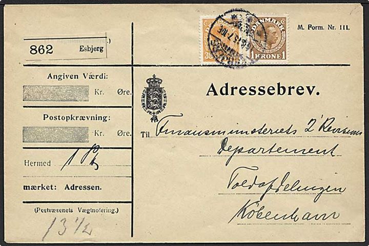 35 øre og 1 kr. Chr. X på adressebrev for pakke fra Esbjerg d. 16.6.1915 til København.